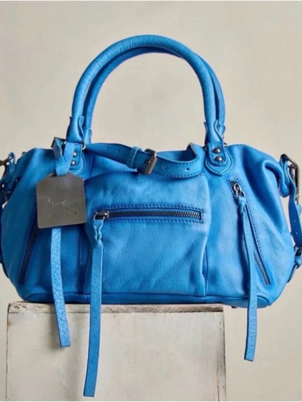 We The Free Bright Blue Pebbled Leather Satchel with Top Handles